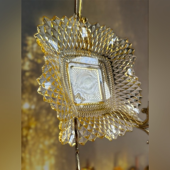 Vintage Federal Glass Ruffled Edge Square Candy Dish Diamond Cut 6 3/4” Amber - Picture 2 of 4